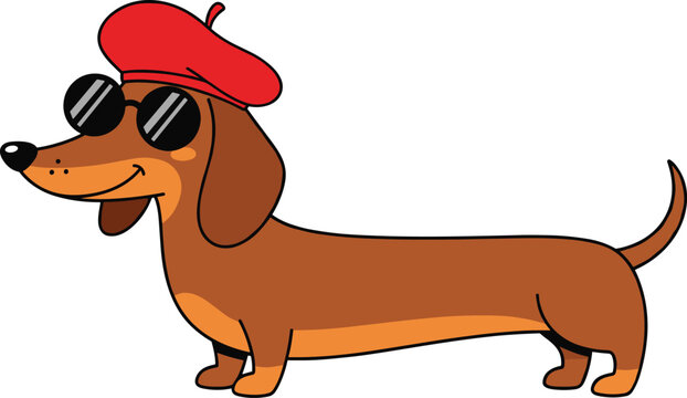 Cute dachshund dog wearing beret and sunglasses cartoon pet illustration