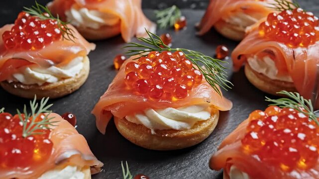 Pristine overhead view highlighting the symmetrical arrangement of multiple smoked salmon canapes topped with bright red caviar beads on a rectangular slate plate texture, vibrant color, pattern