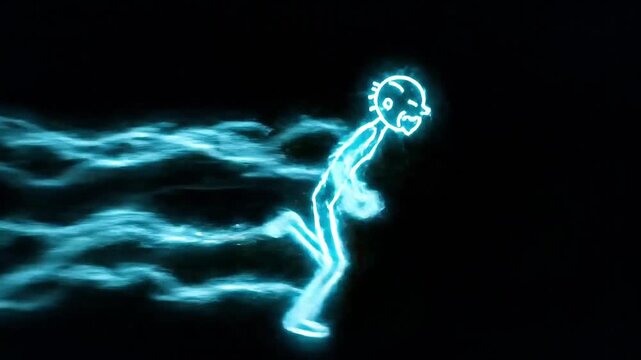 A stickman running swiftly through a dark environment with glowing blue motion trails