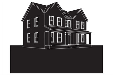 Suburban neighborhood silhouette houses, residential street landscape, black home skyline illustration, family housing concept isolated on white background