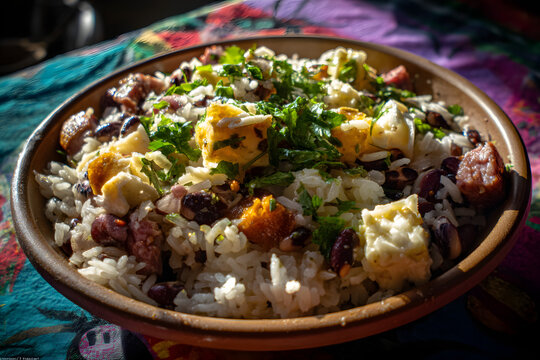 Hearty and Colorful Plate of Baio de Dois Dish Garnished with Fresh Greens and Traditional Ingredients