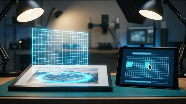 Hologram digital technology and ai models create safe brand virtual designs with interactive interface in modern workspace environment for innovation