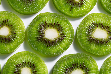 Fototapeta premium Thinly Sliced Kiwi Fruit in Vibrant Arrangement with Flat Lay Pattern for Fresh Culinary Inspirations