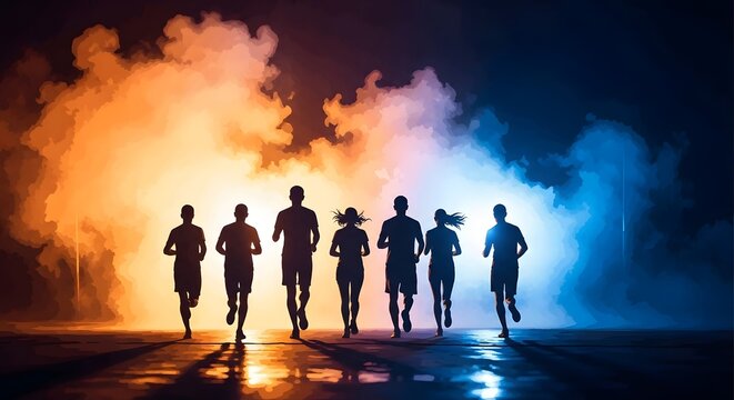 Silhouettes of people running on wet ground with colorful smoke