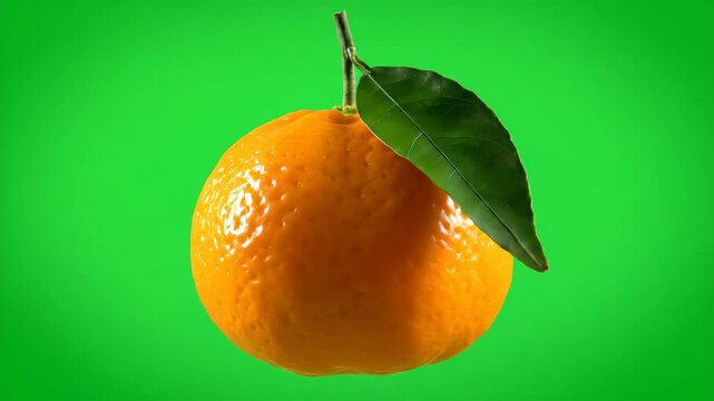 Pristine whole tangerine rotating slowly and steadily on a smooth chroma key green screen background ready for easy isolation and compositing fruit, chroma, bright