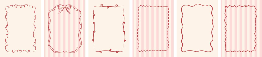 Doodle hand drawn coquette frames with hearts, wavy lines, bows and ribbons. Trendy vintage whimsical borders for wedding invitations, birthday card, prints. Vector modern illustration.
