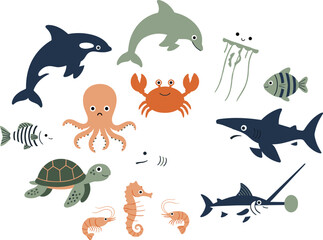 Cute ocean animal characters with dolphin shark turtle octopus crab seahorse and tropical fish illustration set © jafrine