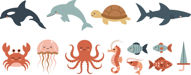 Cute ocean animals collection with dolphin shark turtle octopus crab fish and jellyfish sea illustration set © jafrine