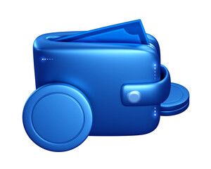 Blue 3d wallet with money cash and coin finance illustration isolated png background