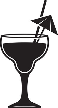 Vector silhouette of a cocktail glass with umbrella and straw