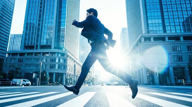 朝日を浴びて都会の横断歩道を全力疾走するスーツ姿のビジネスマン