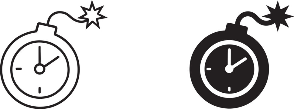 Ticking time bomb icon in black silhouette and outline style, danger and countdown concept.