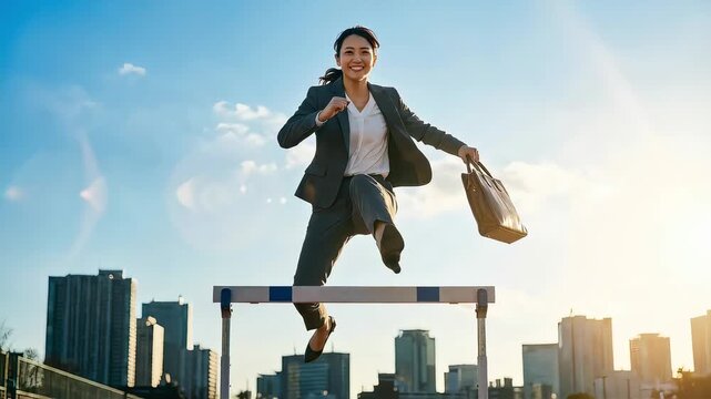 ビジネスの困難を乗り越える。ハードルを飛び越えるスーツ姿の女性