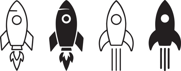 Rocket ship launch icons in black silhouette and outline style for space and startup use. © MdMahadi