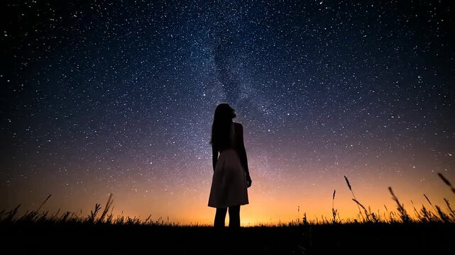 Woman silhouetted under night sky milky way starry background
