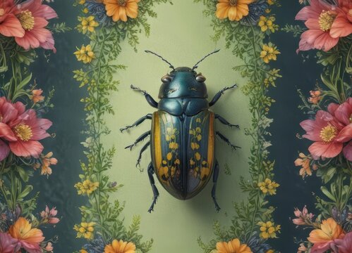 Delicate watercolor beetle with intricate floral patterns on its elytra ,  tiny creature,  watercolor