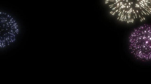 Brilliant golden white and deep purple fireworks explode vividly across the dark night sky creating a spectacular festive celebration border design.