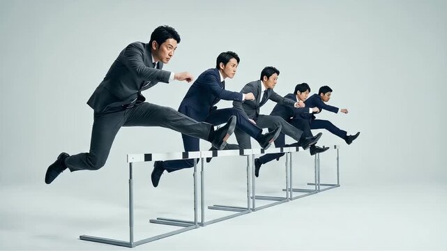 ハードル走に挑む、真剣な表情のビジネスマンたちによる目標達成と飛躍のイメージ