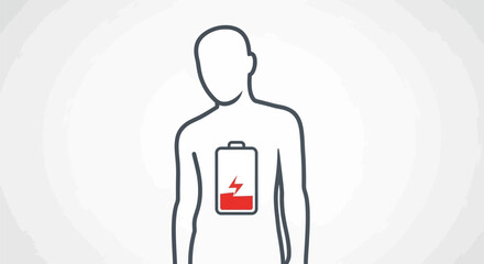 Person with low battery symbol on chest indicating fatigue or energy depletion