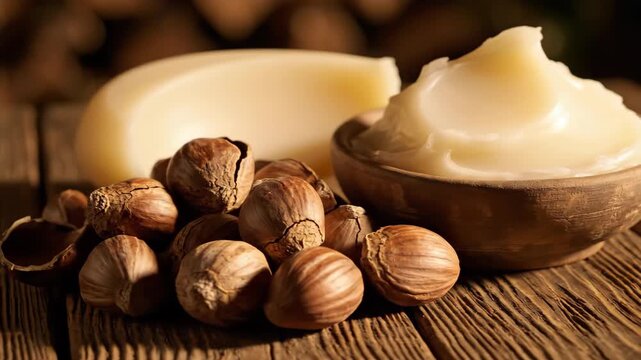 Product demonstration shot featuring a collection of whole shea nuts and the creamy derived butter gently rotating on a simple, earthy, rustic wooden table surface skincare, based, gently
