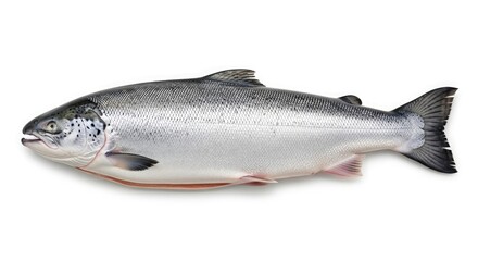 Obraz premium A high-resolution image of a silver salmon fish with fins isolated on a plain white background viewed from the side