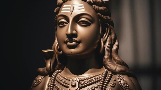 Cinematic devotional video of a Lord Shiva statue illuminated by soft directional lighting. Detailed textures and serene expression create a spiritual and peaceful atmosphere