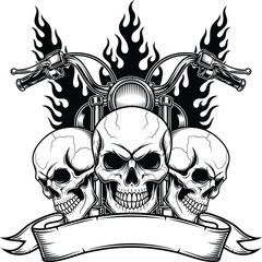 Obraz premium Menacing trio of skulls with motorcycle handlebars tribal flames and a blank banner in a detailed black and white illustration.
