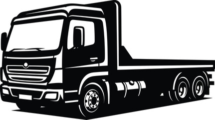 Modern flatbed truck in a bold black and white vector art style shown at a threequarter angle.