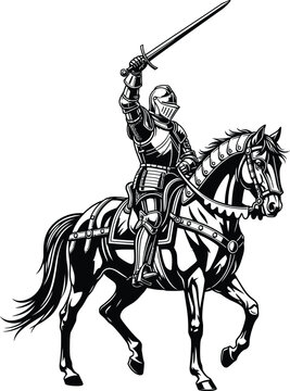 Medieval knight in full plate armor raising a sword mounted on a prancing warhorse black and white illustration.
