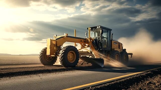 Heavy yellow grader machine leveling ground on construction site with dust clouds.