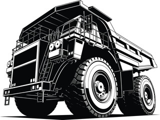 Monochromatic vector illustration of a heavyduty mining dump truck from a lowangle perspective. © Vhya