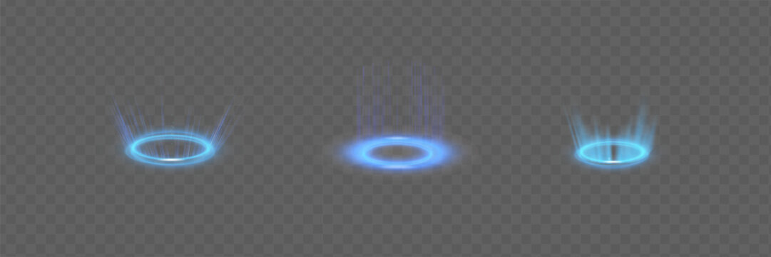 Circular portals, teleport, hologram gadget. Futuristic teleport. Projector HUD or podium for magic circle teleportation. Set of circle holograms.Empty podium light effect.
