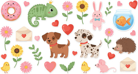 Obraz premium Cute Kawaii Animal Sticker Set Featuring Puppy Dog Chameleon Hedgehog Pink Bunny Goldfish and Sunflowers in Pastel Colors