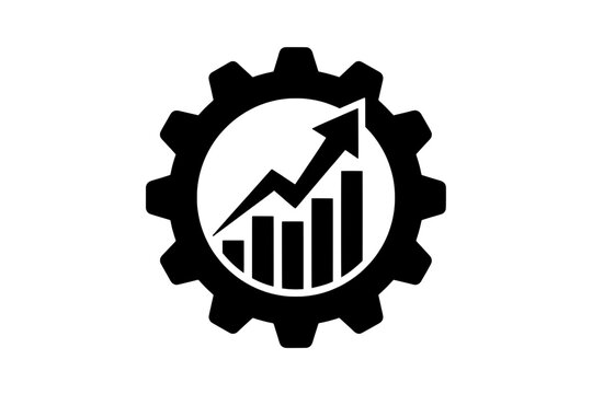 A professional black gear symbol containing an upward bar chart representing data-driven industrial optimization and financial growth. Silhouette vector graphic isolated on transparent background.