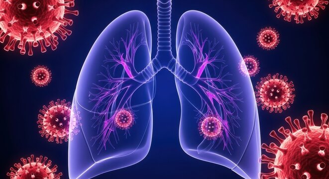 Illustration of human lungs with bronchial tree and coronavirus particles in the background