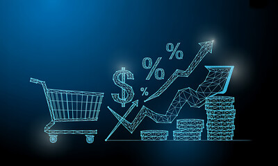 Shopping cart with currency symbols and money illustration