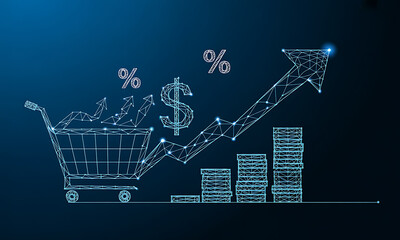 Shopping cart filled with money on blue background