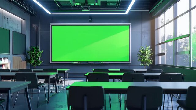 Modern Classroom With Green Screen Projector Moves Through Seating Rows