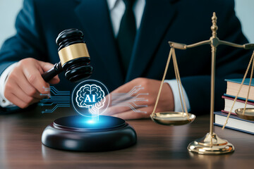 An old gavel rests on a wooden business table near law books and a glass of coffee by a computer