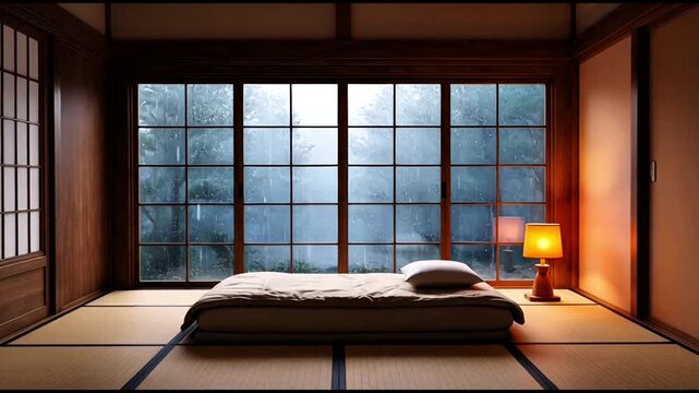 4K Virtual backgrounds loop animation for stream overlay of a serene Japanese bedroom with traditional futon bed and tatami floor