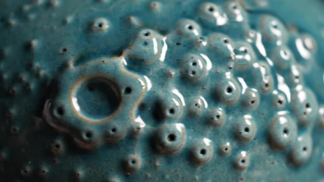 Close-up view of a blue ceramic surface with numerous small holes and bubbles, featuring a larger hole with a rounded edge, in a shallow focus with a cool blue tone.