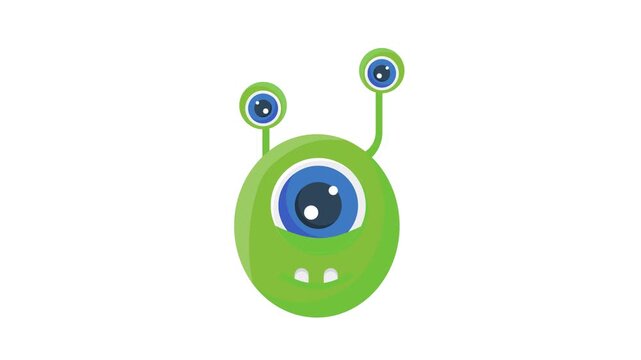Cartoon green alien with two large eyes, smiling and standing against a simple background.