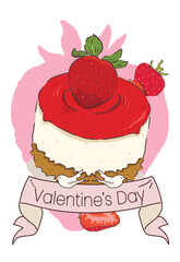Valentine's Day Strawberry Cheesecake Illustration - Creamy Dessert with Red Glaze and Fresh Berries for Romantic Gifts
