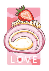 Valentine's Day Strawberry Swiss Roll Cake Illustration - Sweet Pink Cream Roll with Heart-Shaped Strawberry and Whipped Cream