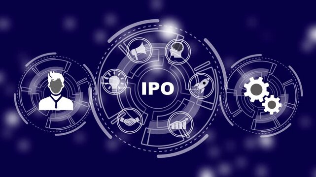 Business, technology, internet and network concept. Businessman presses button ipo initial public offering icon. Digital technology background.