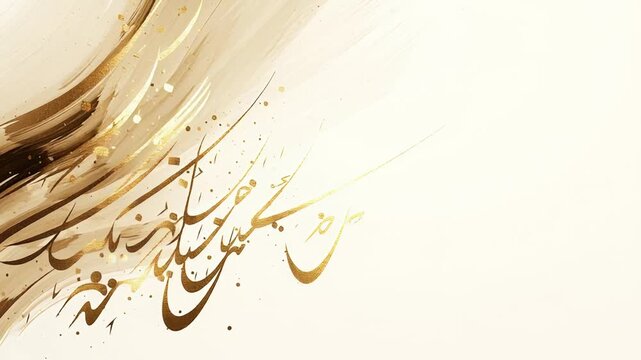 A gold and white background with a gold and white brush stroke. Clean islamic arabic art illustration, abstract calligraphy strokes with subtle gold accents, soft lighting, white space, elegant 