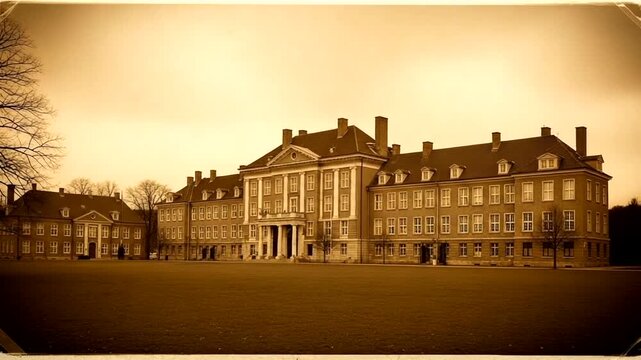 Historic Grand Building Facade with Columns and Dormer Windows.