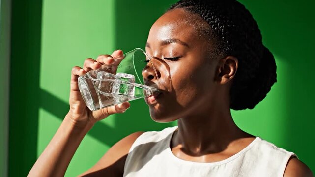 Woman drinks from a glass of water with ice