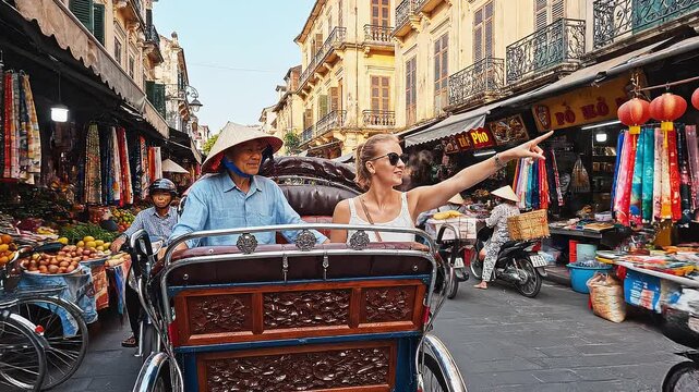 Immersive Vietnamese street scenes captured from the perspective of a traditional rickshaw