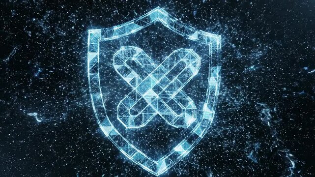 Protective cybersecurity shield materializes rapidly from pulsating geometric network lines defending the dark digital space hightech, modern, deep blue light